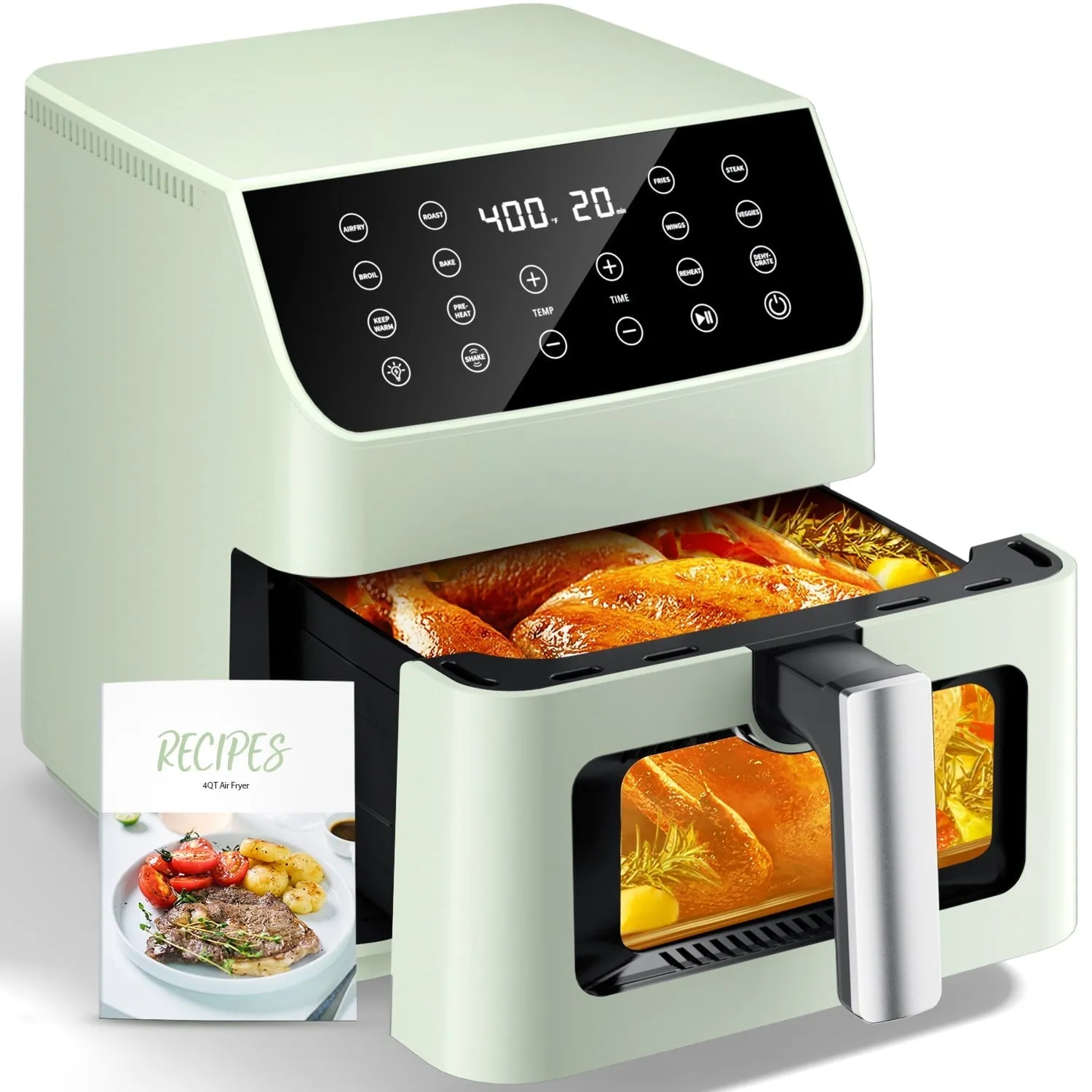 Aeitto WM-808-Green-01 5.8QT Large Air Fryer 12-in-1 Digital Airfryer with Clear Window, Flavor-Lock Tech, Shake Reminder, Compact, Dishwasher Safe, Nonstick, Green