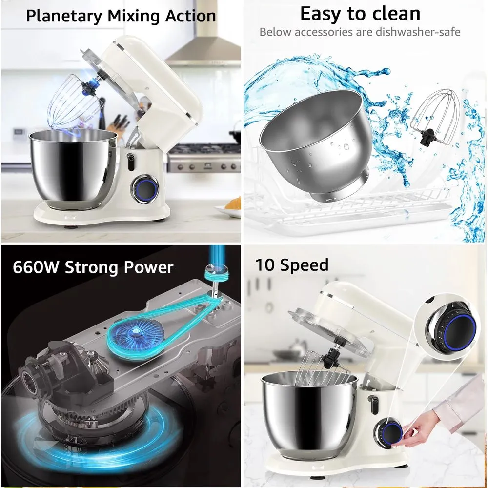 AILESSOM AL-AC01 Samsaimo Stand Mixer,6.5-QT 660W 10-Speed Tilt-Head Food Mixer, Kitchen Electric Mixer with Bowl