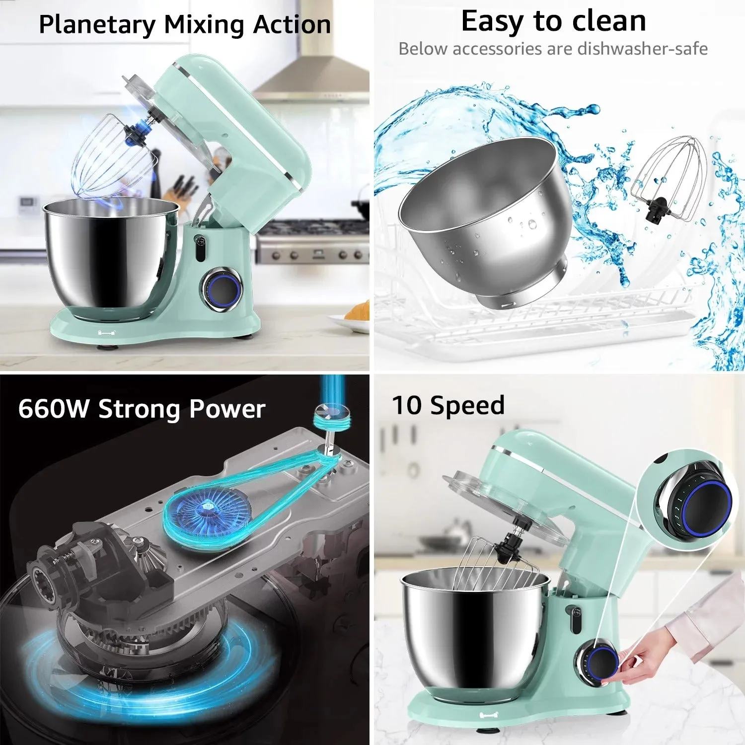 AILESSOM AL-AG01 Samsaimo Stand Mixer 6.5-QT 660W 10-Speed Tilt-Head Agave Green