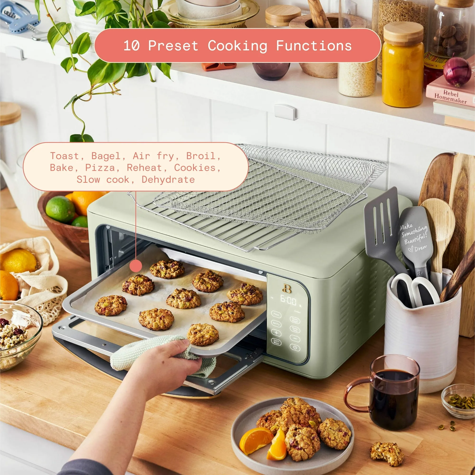 Beautiful 19330 Infrared Air Fry Toaster Oven, 9-Slice, 1800 W, Sage Green