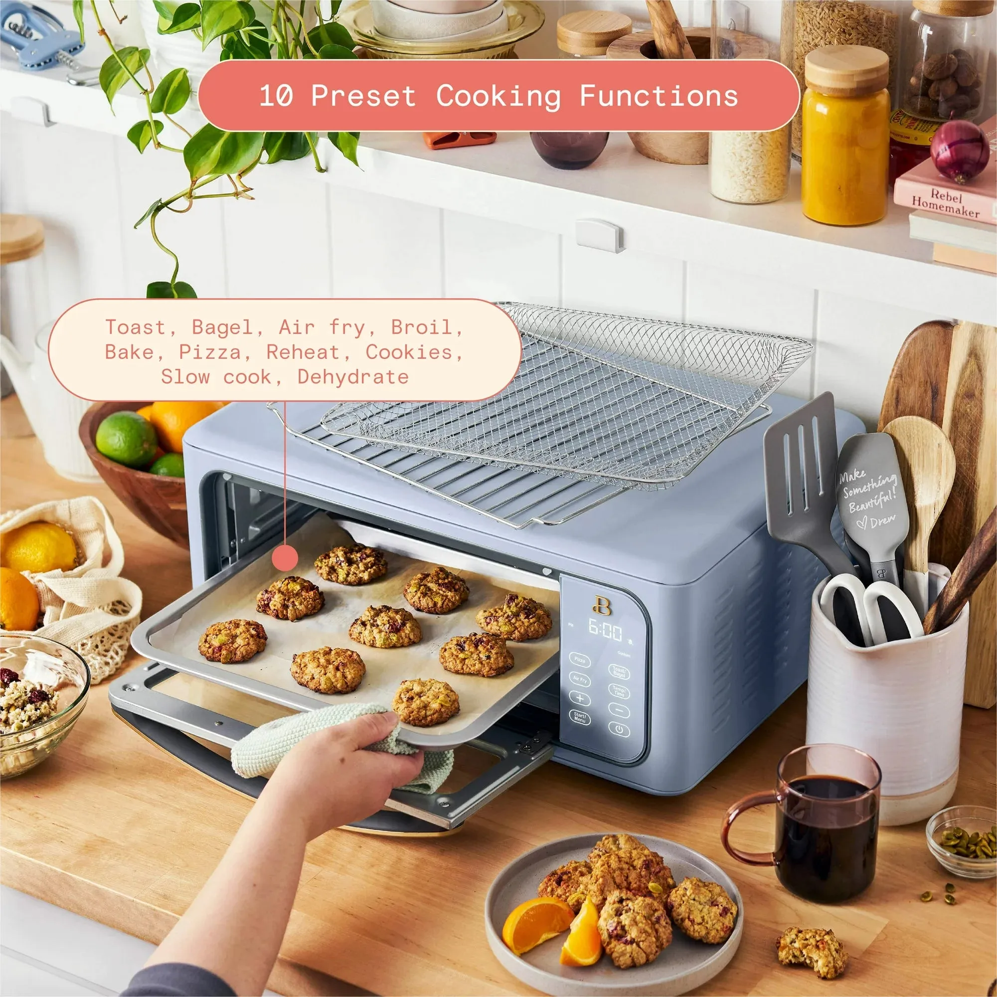 Beautiful 19331 Infrared Air Fry Toaster Oven, 9-Slice, 1800 W, Cornflower Blue by Drew Barrymore