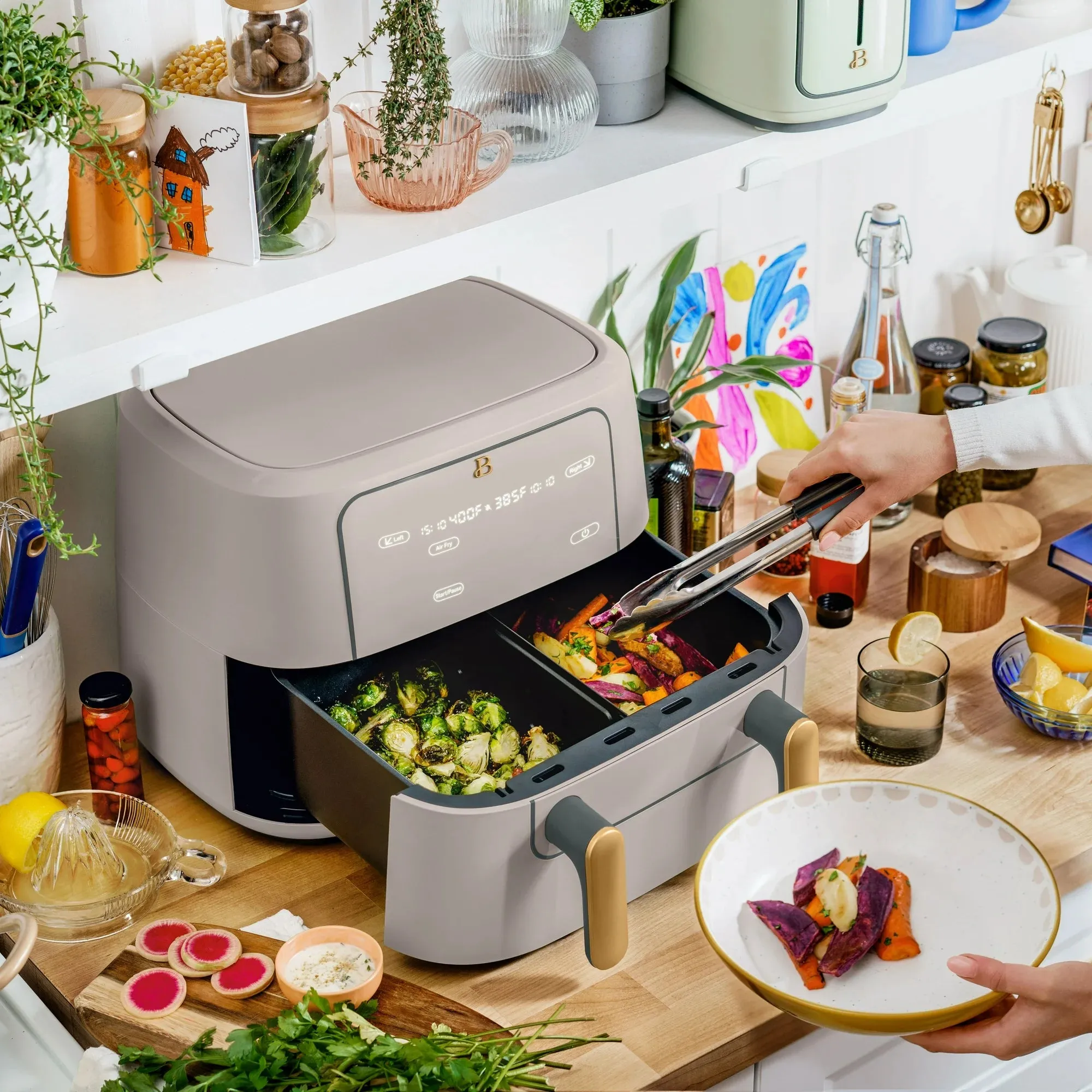 Beautiful 19564 9 Qt TriZone Air Fryer, Porcini Taupe by Drew Barrymore