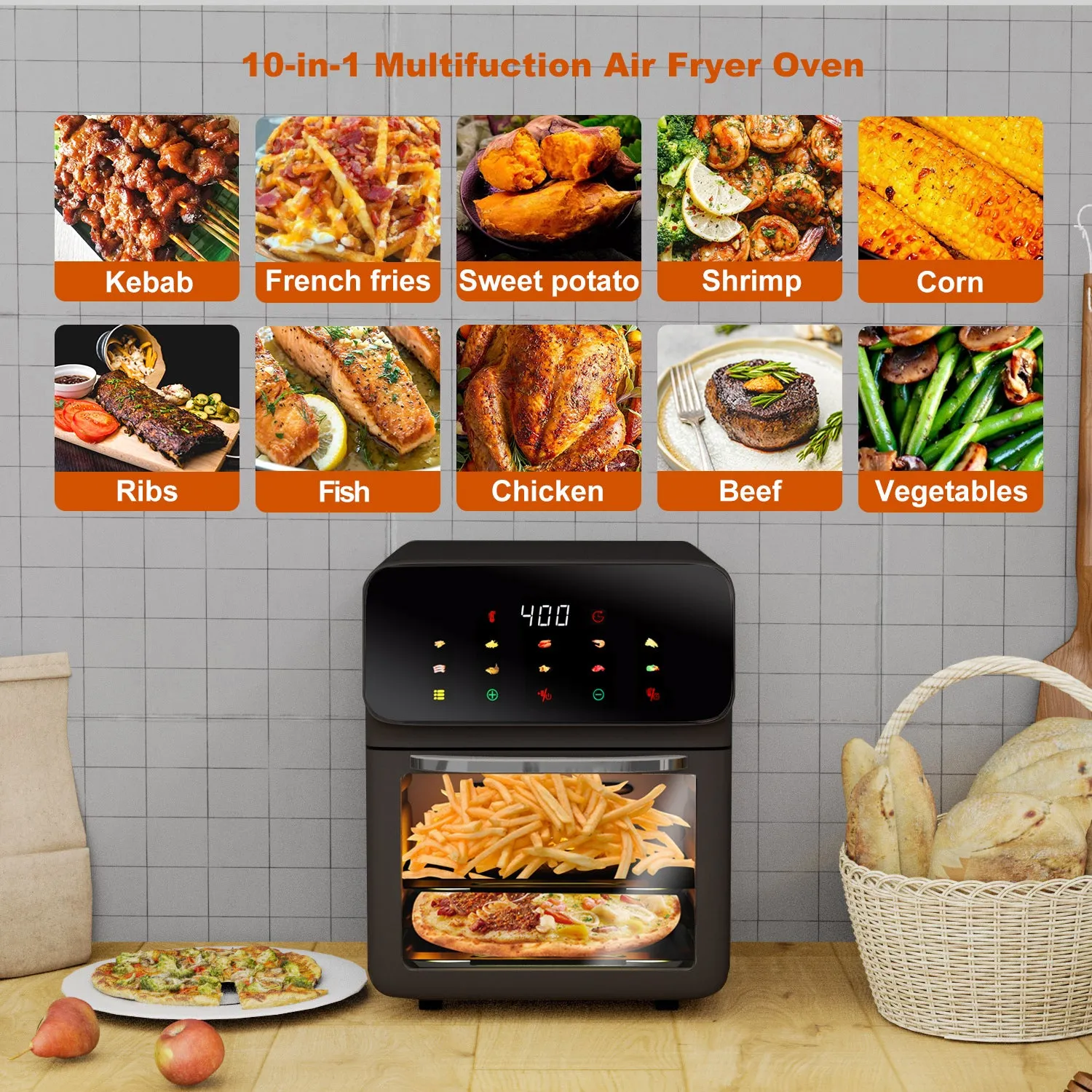 Bluebow 12QT Air Fryer Convection Oven With 10-in-1 Multi Function Visible Window Touchscreen, Black