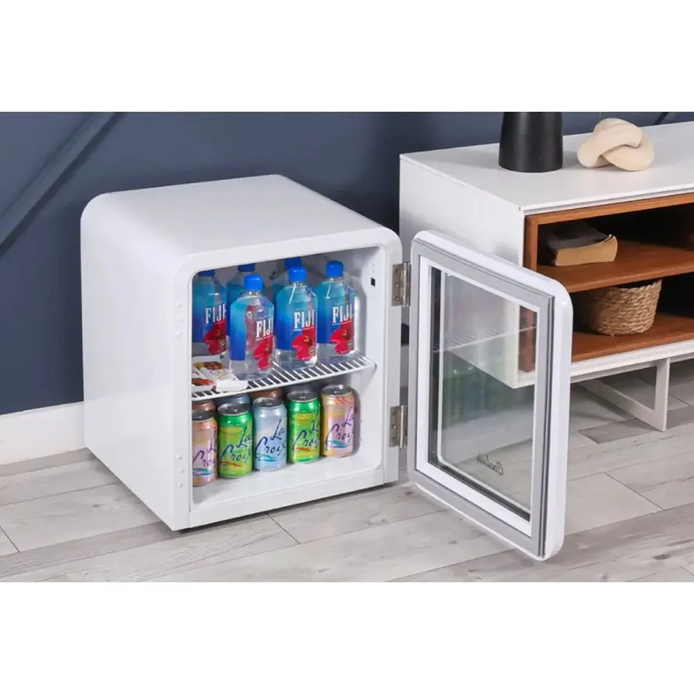 Cooluli CBCG1.7W Decor 1.7 Cuft Glass Beverage Cooler - Compact Mini Fridge for Bedroom, Office, Dorm - Whisper-Quiet Operation, Auto Defrost, Adjustable Shelves