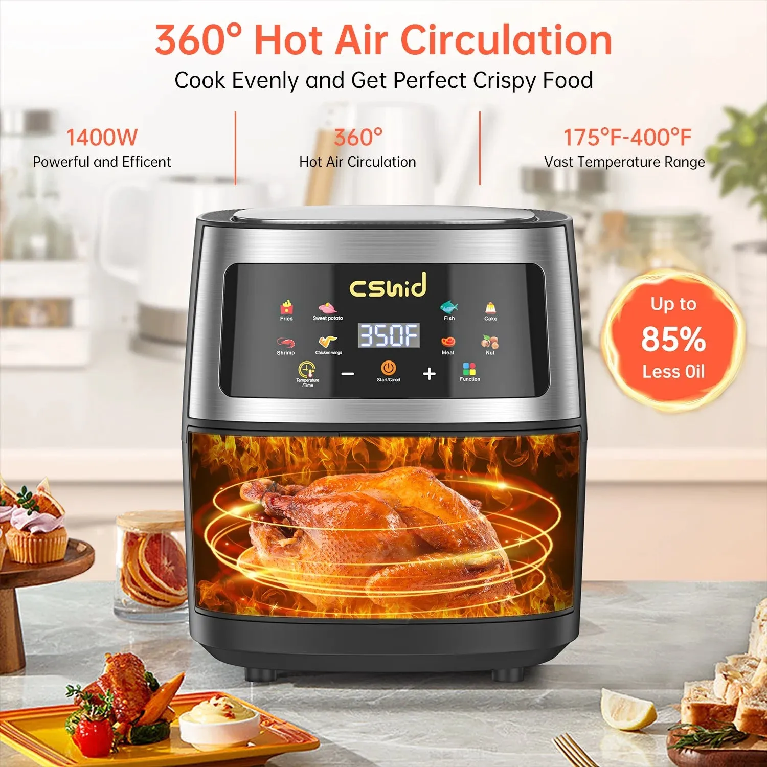 Cshidworld Air Fryer 7.4 QT Large Capacity Touch Screen Smart Silver