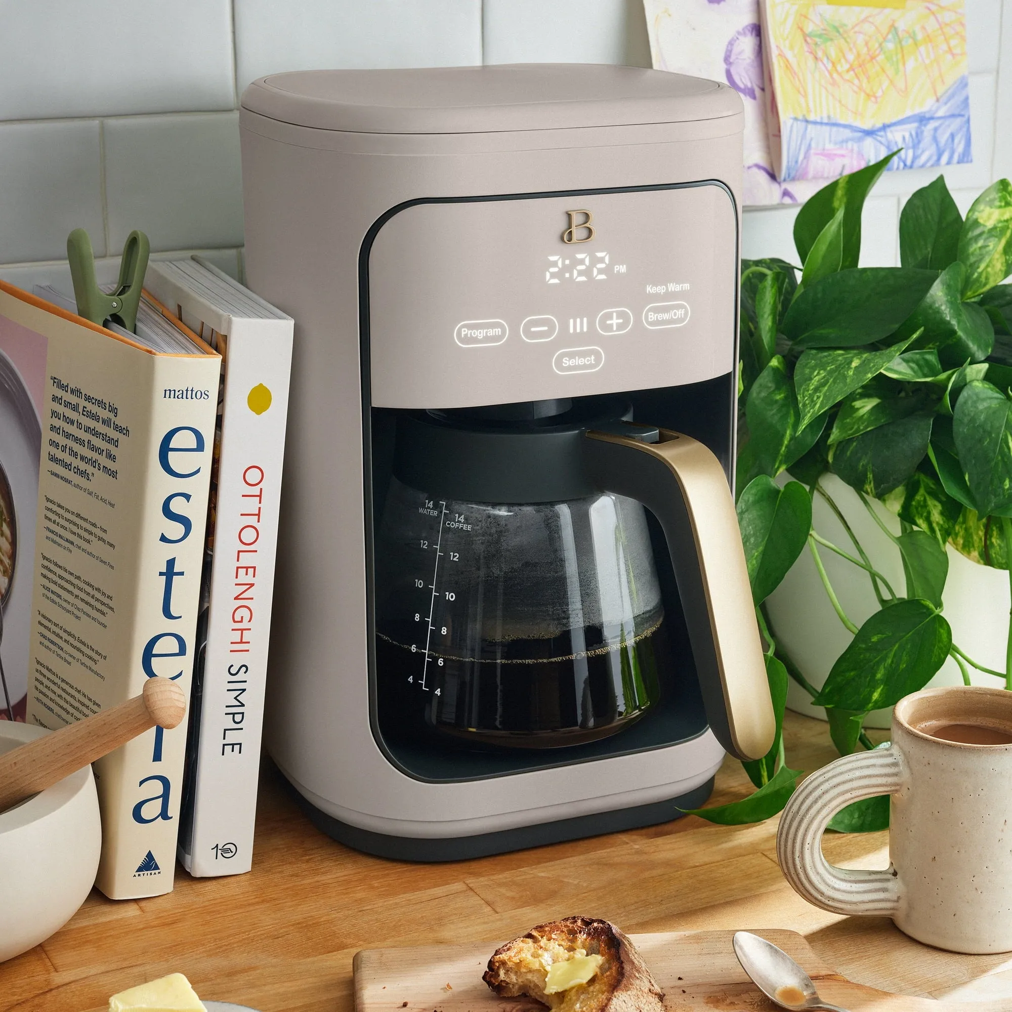 Drew Barrymore 19464 Beautiful 14-Cup Programmable Drip Coffee Maker with Touch-Activated Display, Porcini Taupe