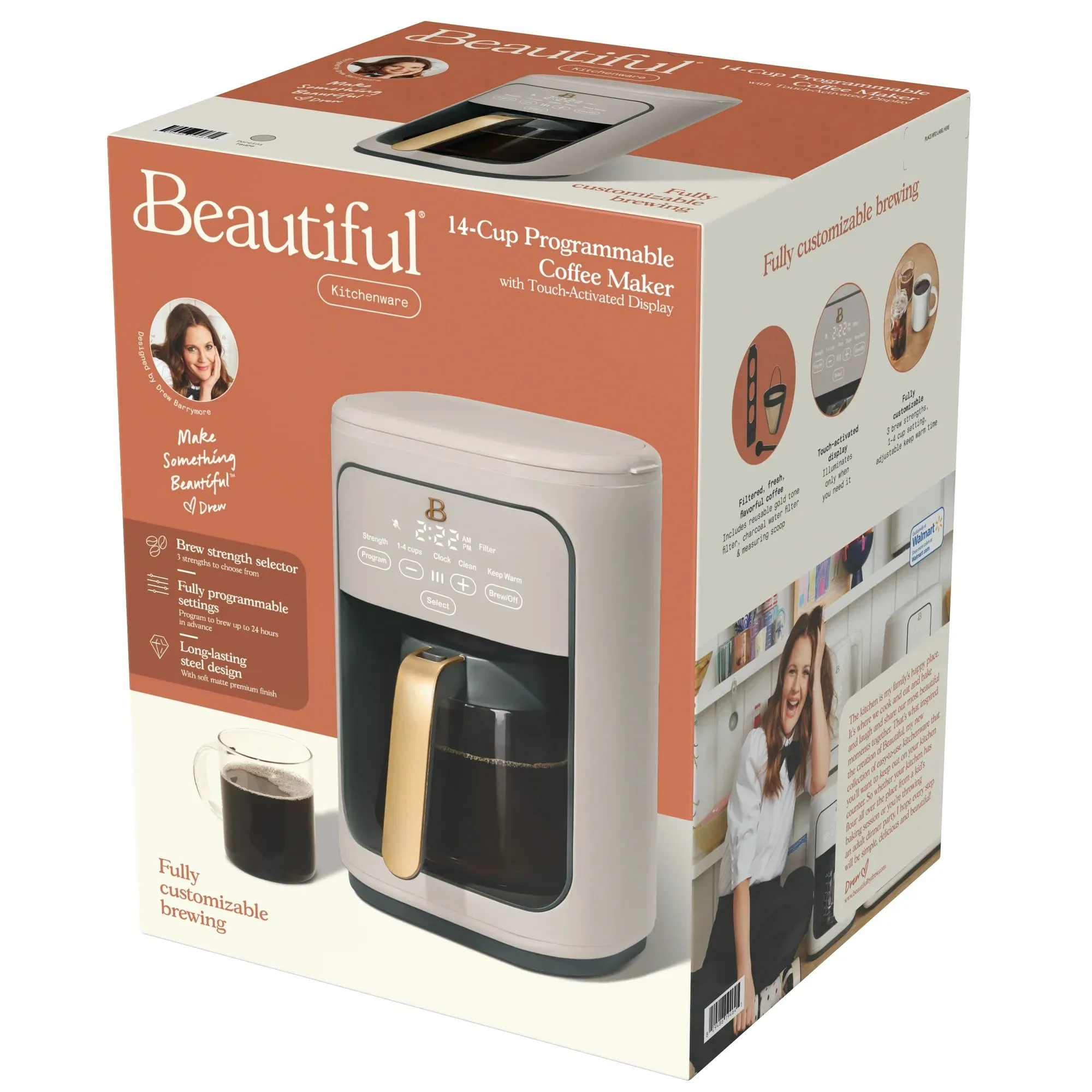 Drew Barrymore 19464 Beautiful 14-Cup Programmable Drip Coffee Maker with Touch-Activated Display, Porcini Taupe