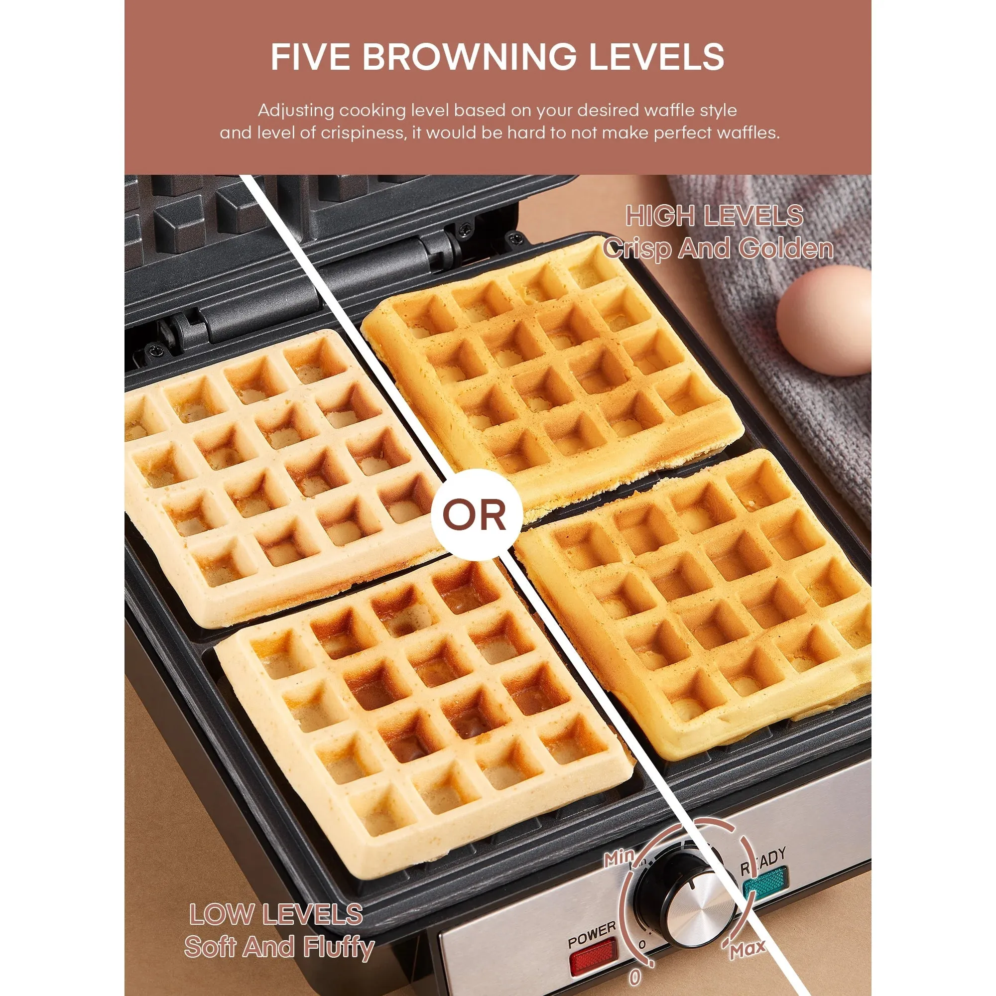 FOHERE C043 4-Waffle Electric Belgian Waffle Maker, Black Stainless Steel