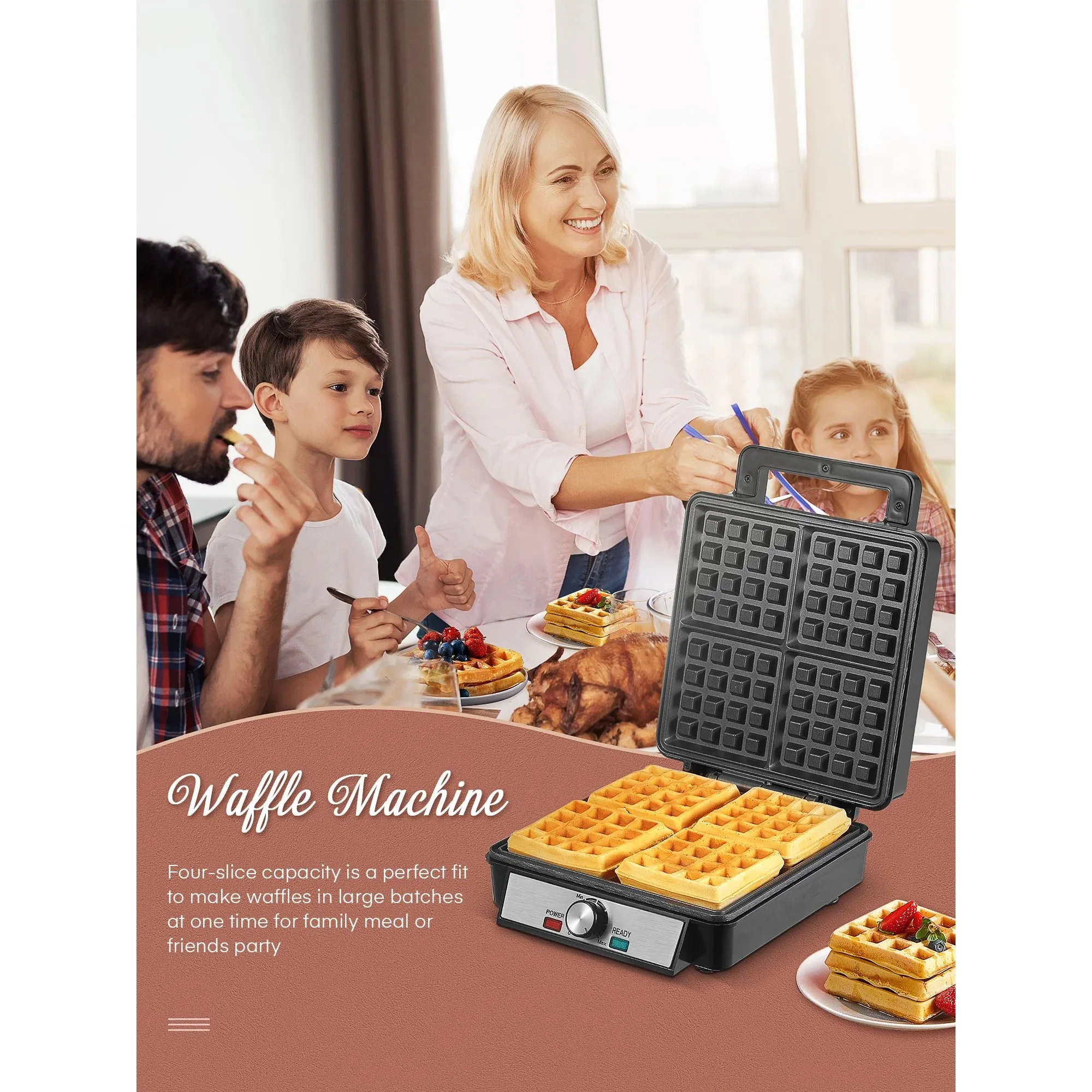 FOHERE C043 4-Waffle Electric Belgian Waffle Maker, Black Stainless Steel