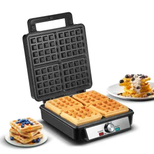 FOHERE C043 4-Waffle Electric Belgian Waffle Maker, Black Stainless Steel