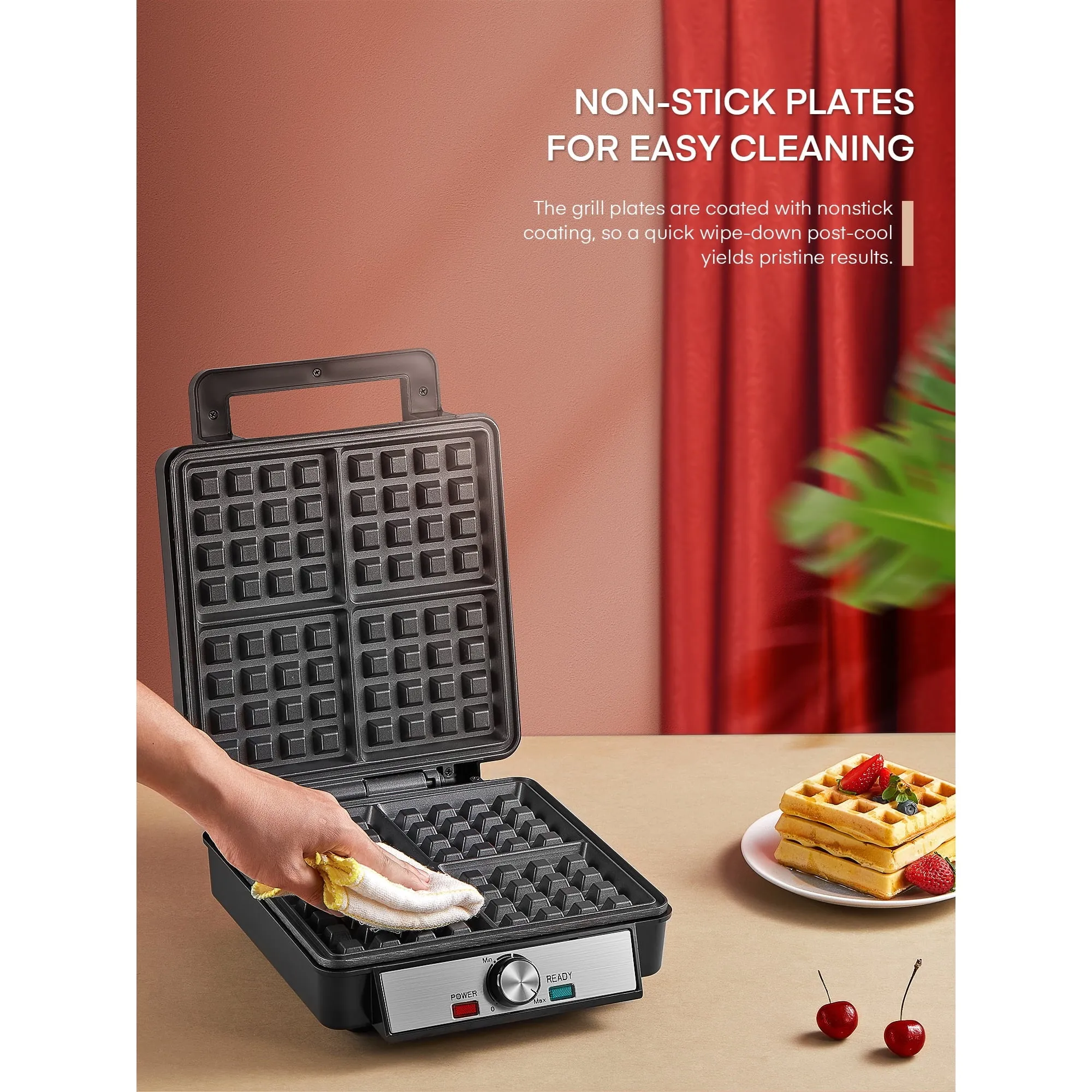 FOHERE C043 4-Waffle Electric Belgian Waffle Maker, Black Stainless Steel