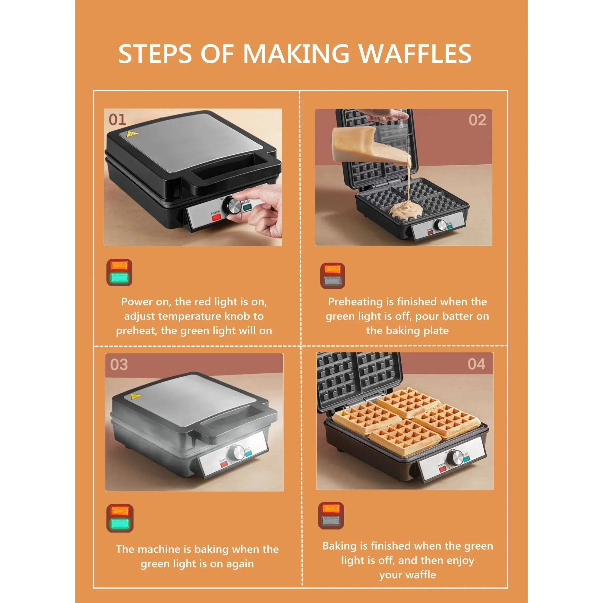 FOHERE C043 4-Waffle Electric Belgian Waffle Maker, Black Stainless Steel