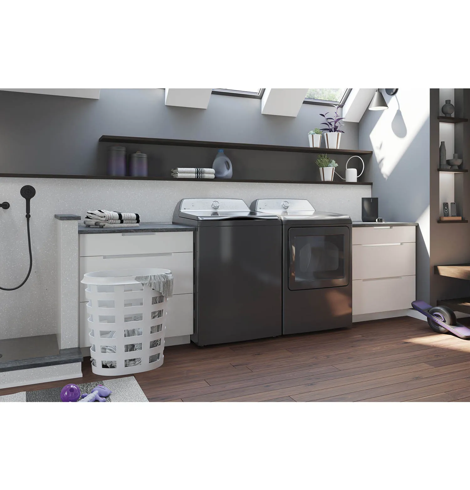GE Profile Diamond Grey Top Load Washer (5.8 IEC cu. ft.) & GE Profile Diamond Grey Electric Dryer (7.4 cu. ft.) - PTW600BPRDG/PTD60EBMRDG