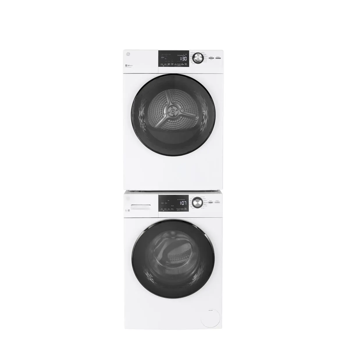 GE White Front Load Washer with Steam (2.8 IEC Cu.Ft.) & White Vented Electric Dryer with Stainless Steel Drum (4.1 Cu.Ft.) - GFW148SSMWW/GFD14JSINWW
