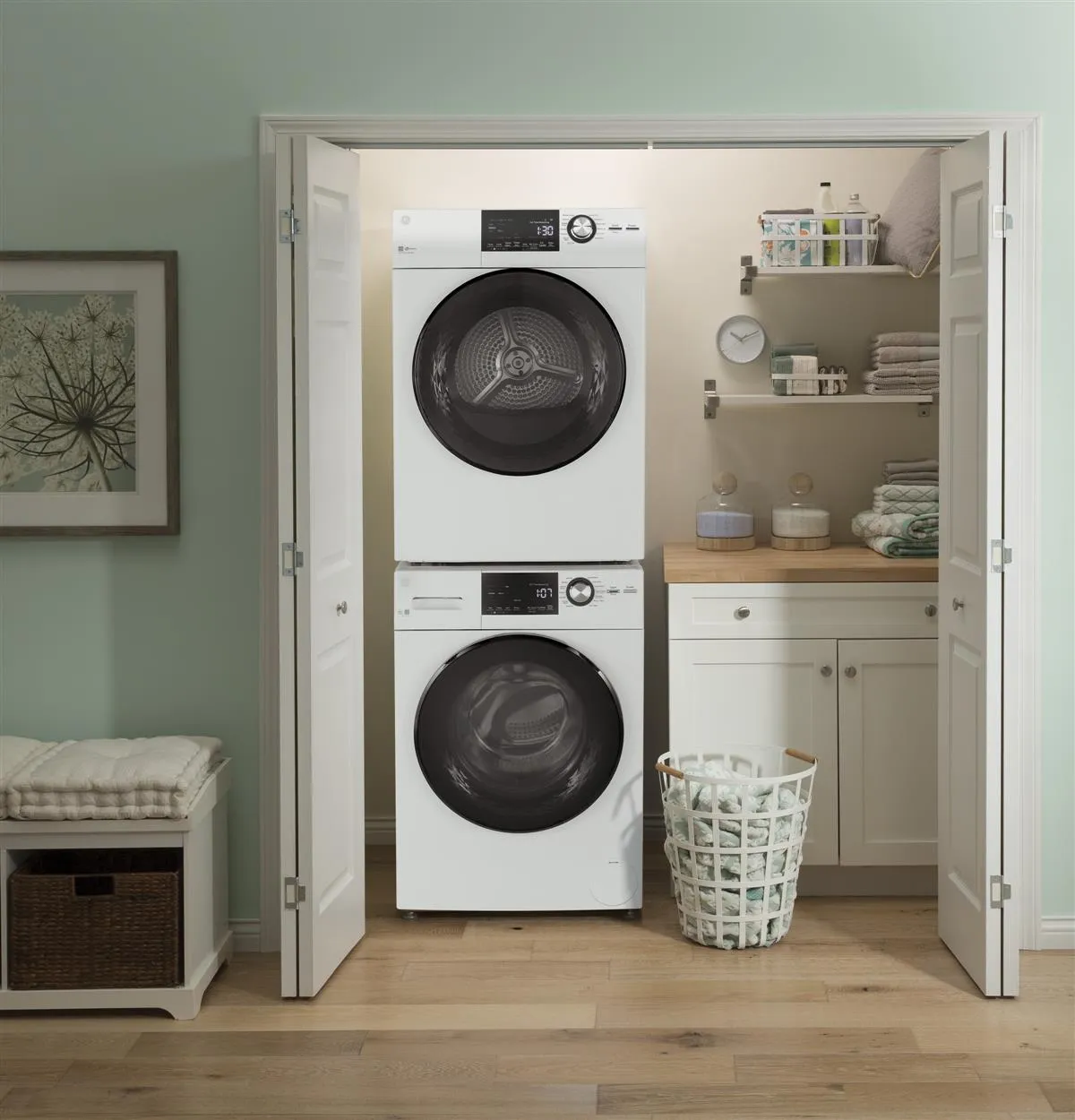 GE White Front Load Washer with Steam (2.8 IEC Cu.Ft.) & White Vented Electric Dryer with Stainless Steel Drum (4.1 Cu.Ft.) - GFW148SSMWW/GFD14JSINWW