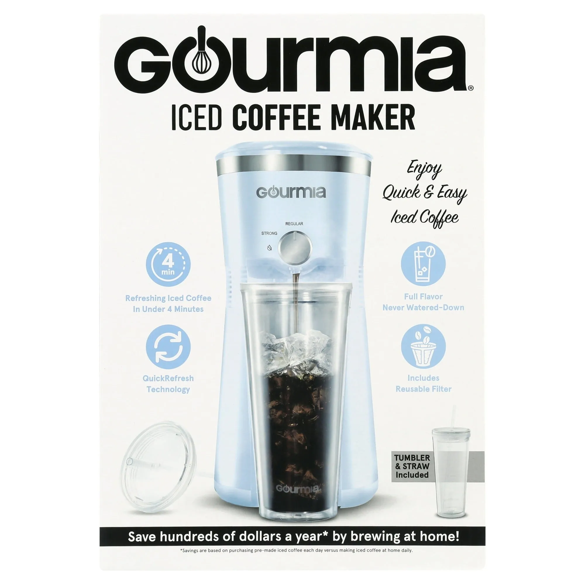 Gourmia GCM3210BLU Iced Coffee Maker with 25 fl oz. Reusable Tumbler, Blue