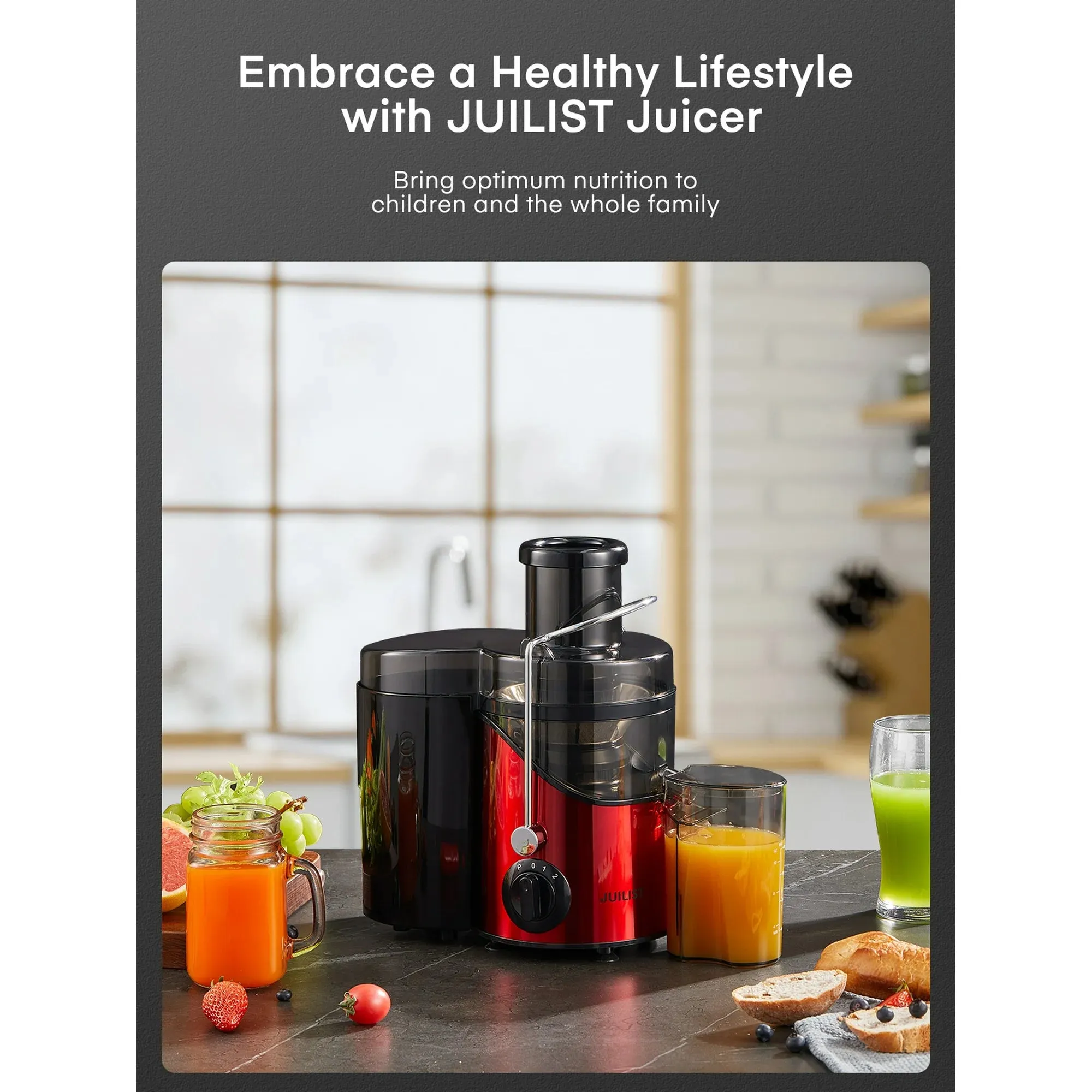 Juilist AMR526 Juicer Machines, 3" Wide Mouth Juicer Extractor, 3-Speed Setting, 400W Easy to Clean, Bright Red