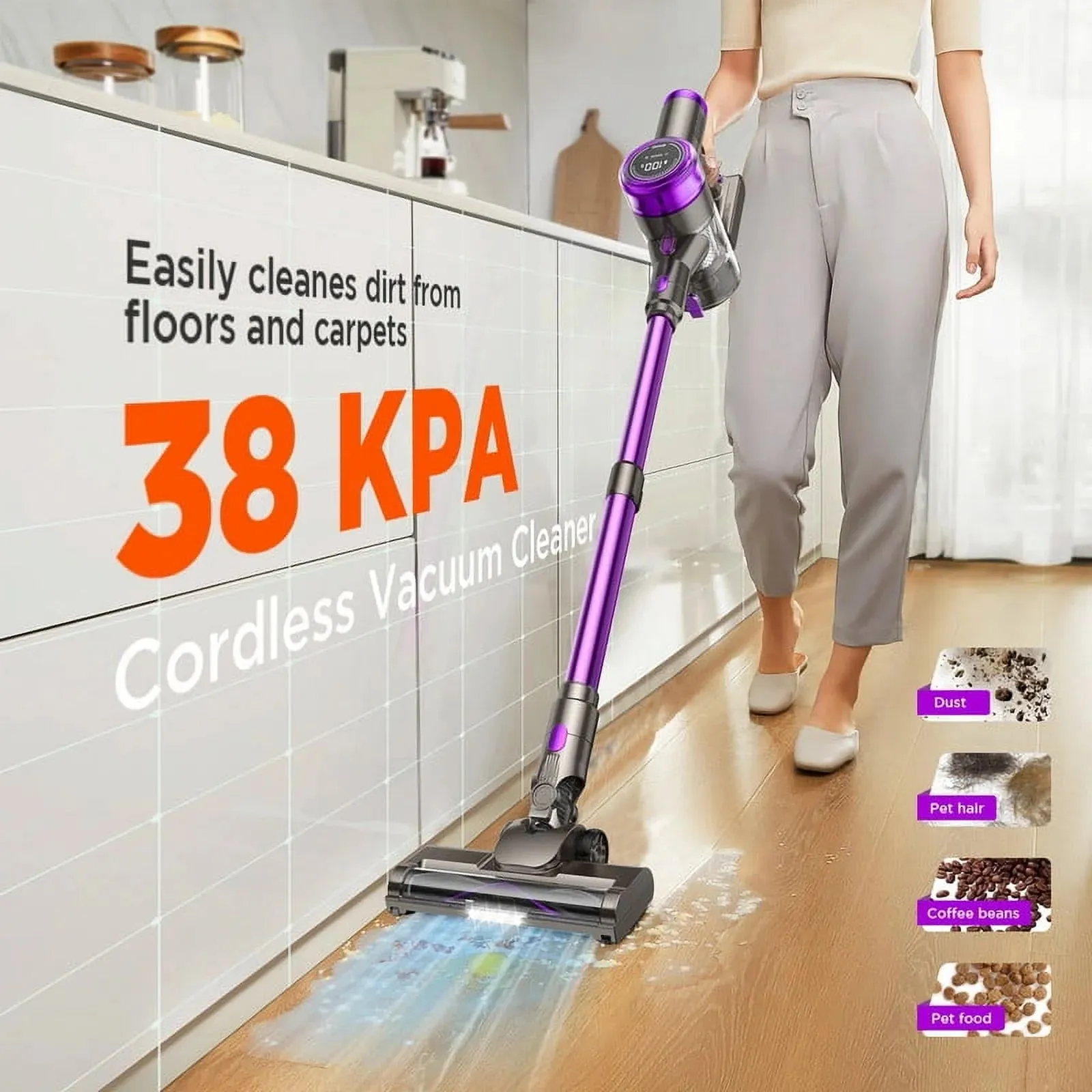 KUOSE P2 Cordless Vacuum Cleaner 38000pa/400W 50min 2200mAh Lightweight Stick Vacuum Cleaners for Home Pet Hair Car Carpet Hardwood Floor