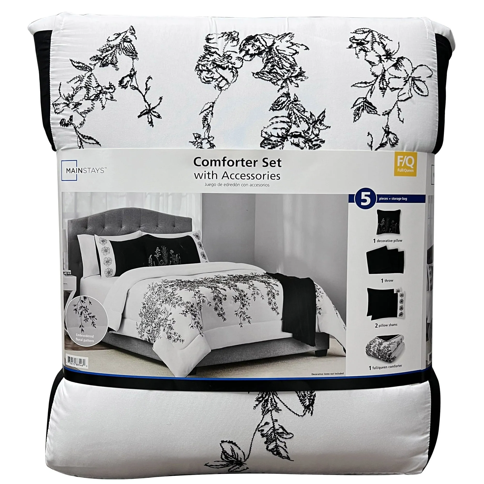 Mainstays 88546 5-Piece White and Black Embroidered Comforter Set, Full/Queen