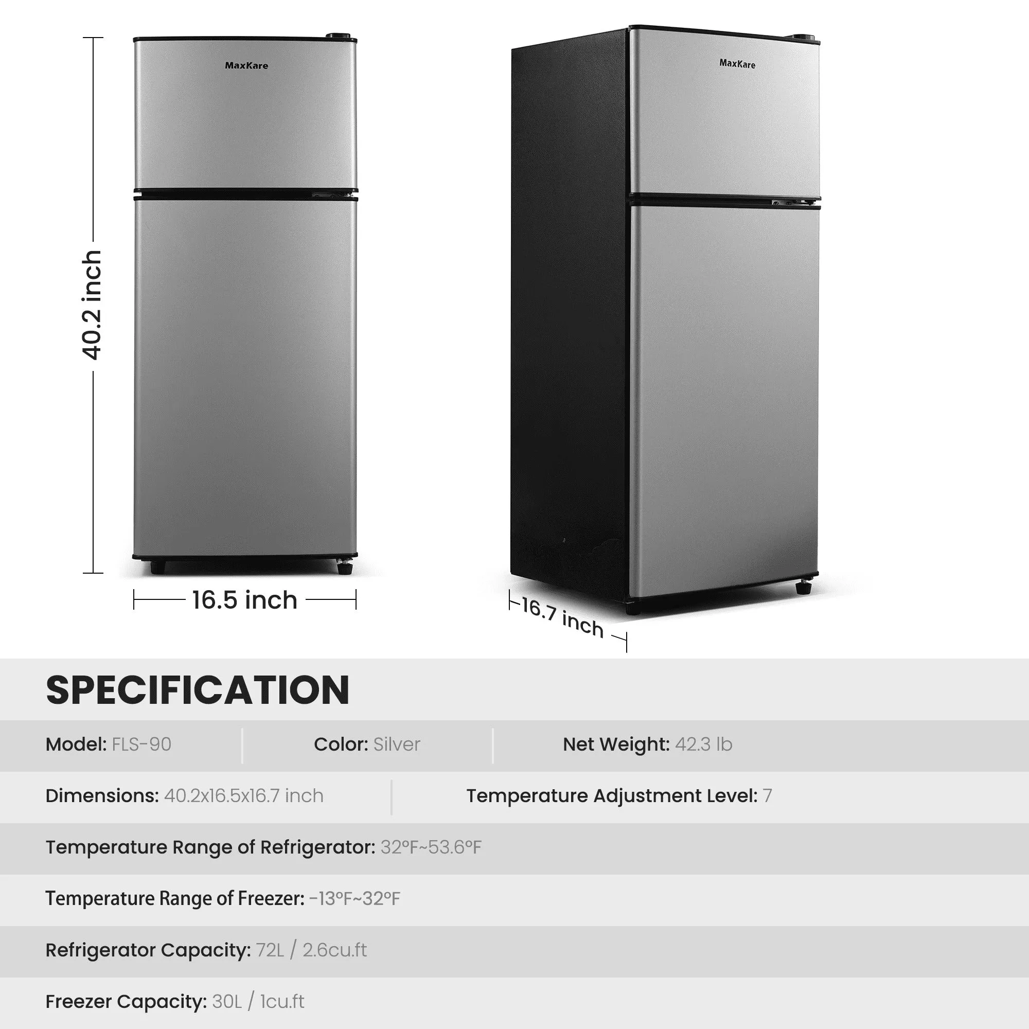 MaxKare FLS-90 Mini Fridge with Freezer 3.6 cu.ft 2-Door Compact Refrigerator with LED Light, Silver