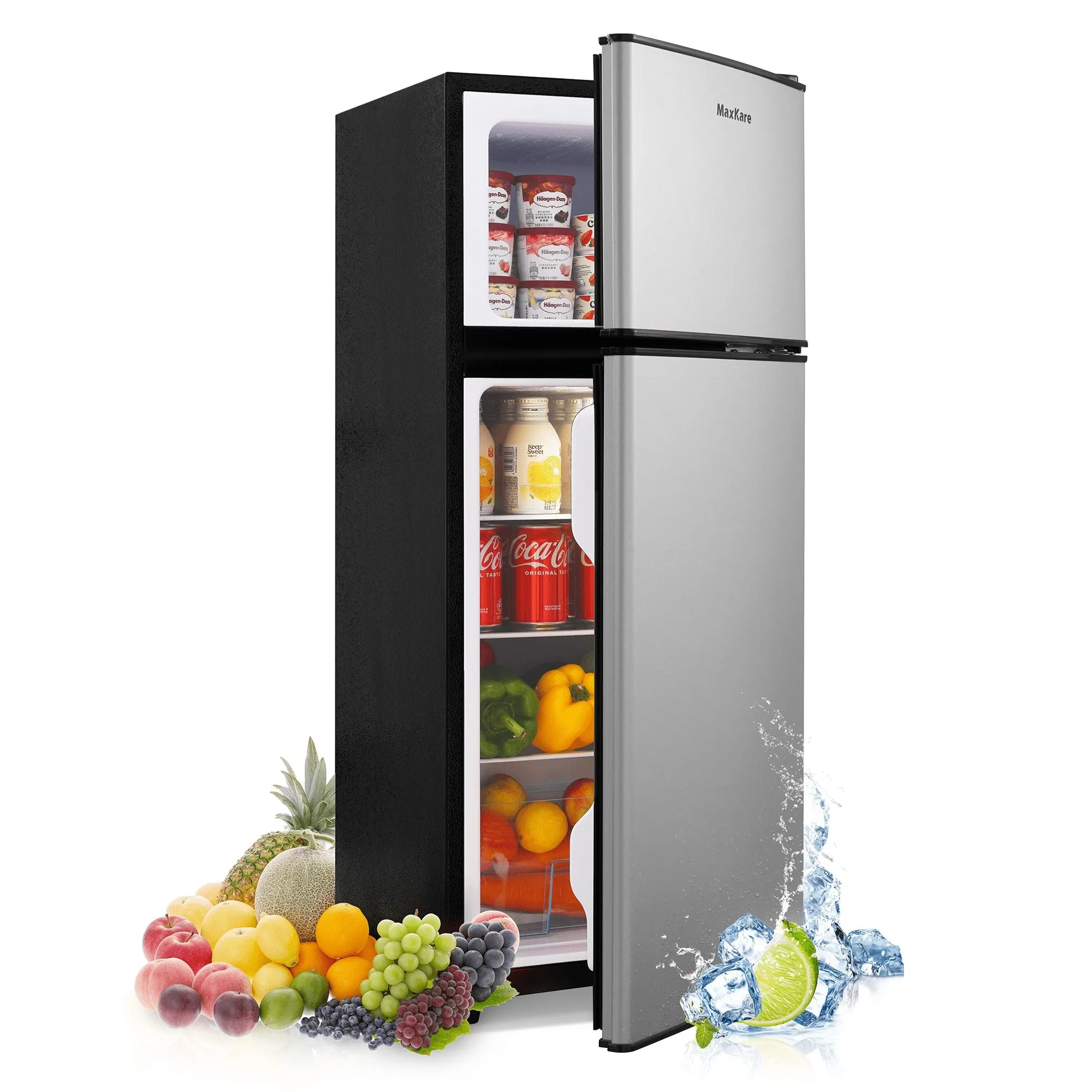 MaxKare FLS-90 Mini Fridge with Freezer 3.6 cu.ft 2-Door Compact Refrigerator with LED Light, Silver