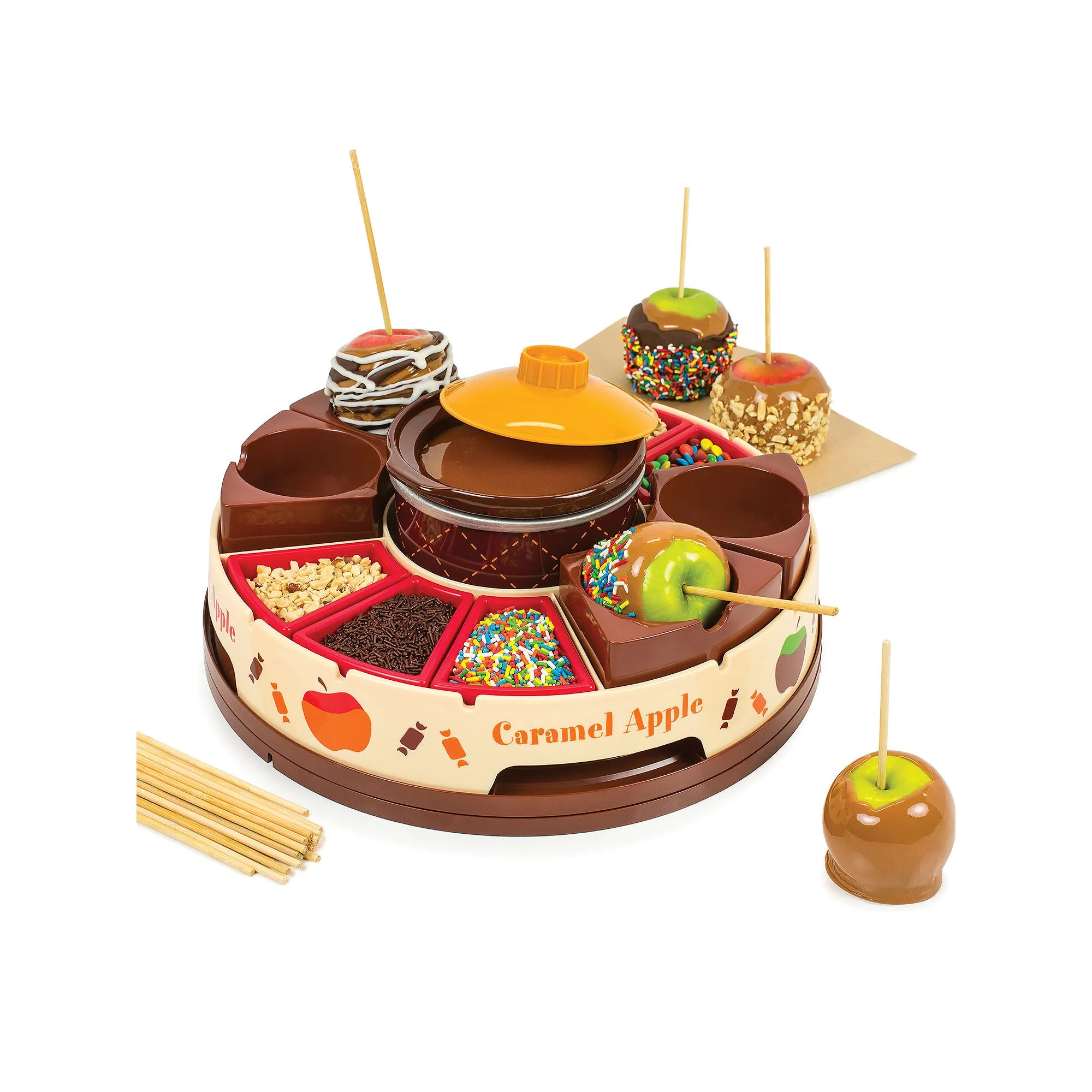 Nostalgia Lazy Susan Chocolate & Caramel Apple Party With Heated Fondue Pot, 25 Sticks, Decorating And Toppings Trays NCCA5 - MULTI ONE SIZE