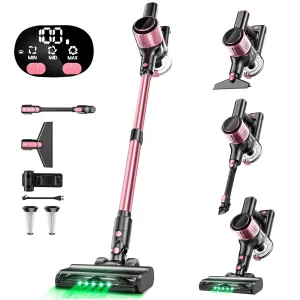 SUXIANGVAC A27P Cordless Vacuum Cleaner 30Kpa 8 in 1 Lightweight Stick Vacuum with Anti-Tangle Brush and Green Light, 40mins Runtime for Hardwood Floor, Carpet, Pet Hair, Pink