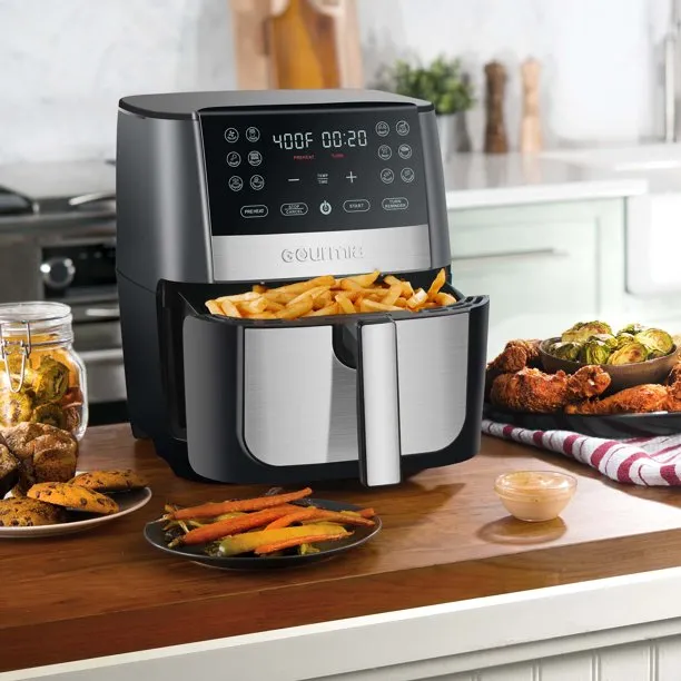 The SteelStone Group GAF826 Gourmia 8-Quart Digital Air Fryer with 12 Functions and Guided Cooking, Stainless Steel, Black