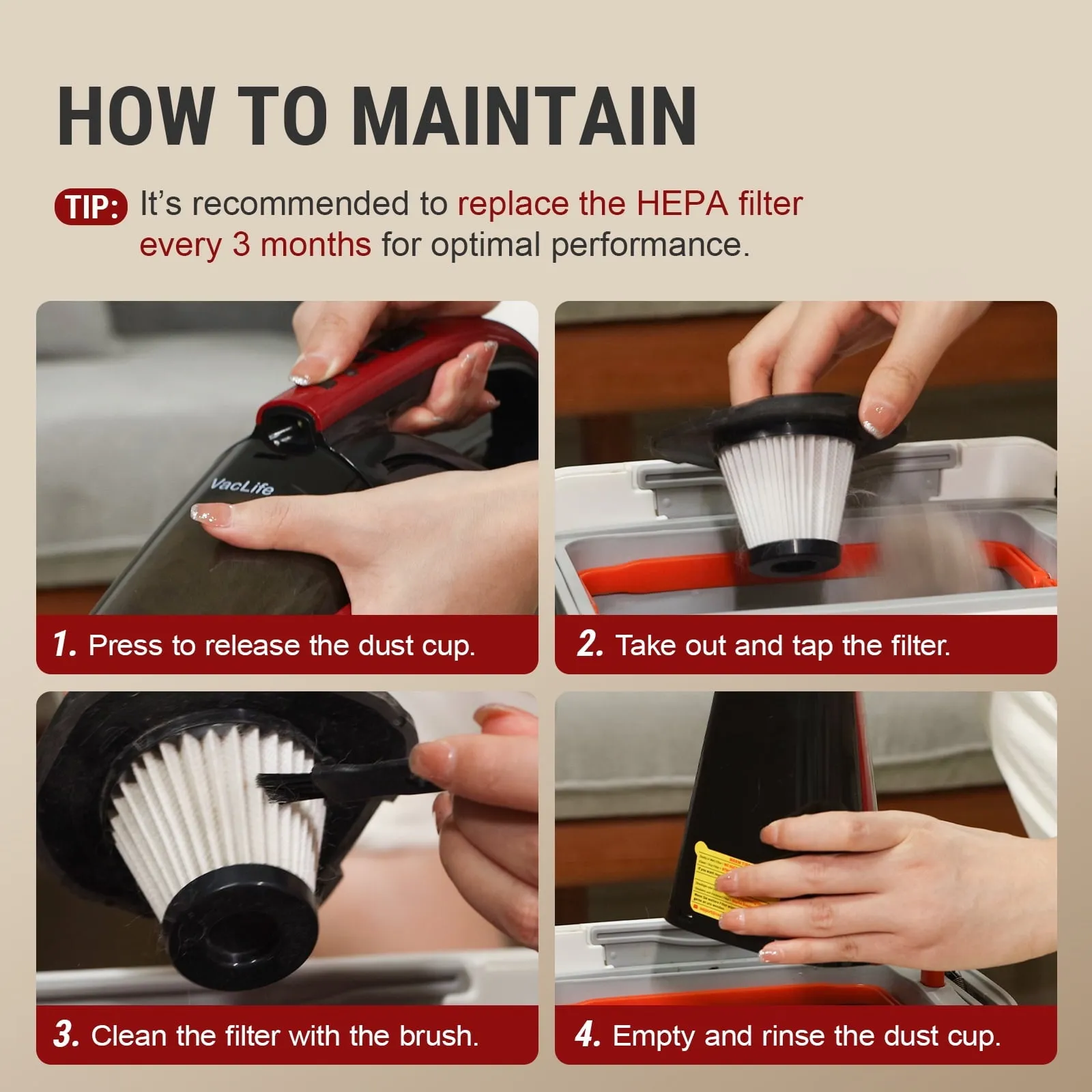 VacLife H-116 Cordless Handheld Vacuum, Car Vacuum Cleaner Rechargeable with Motorized Brush, Red