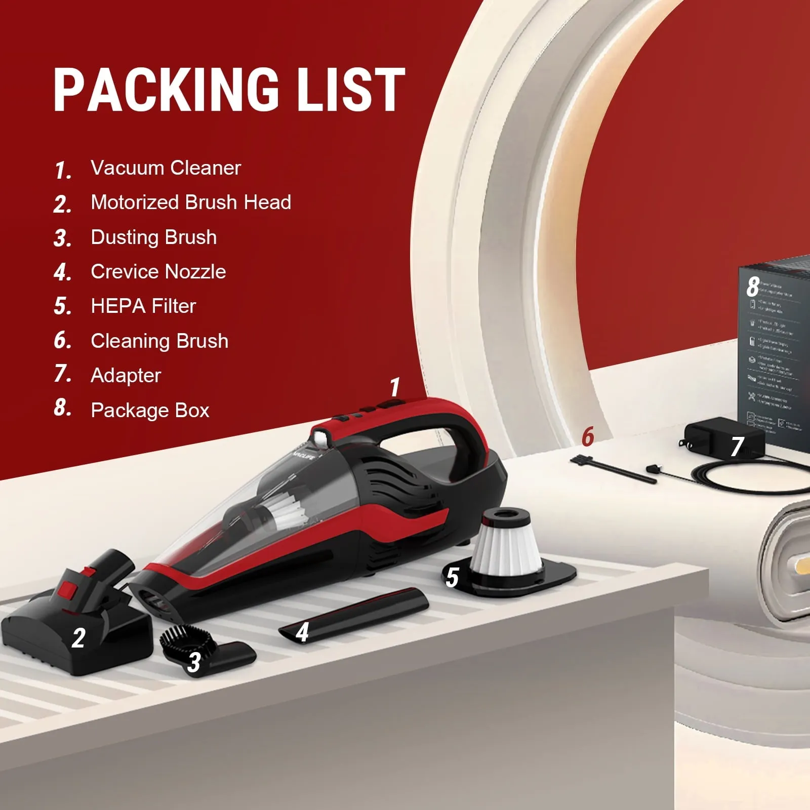 VacLife H-116 Cordless Handheld Vacuum, Car Vacuum Cleaner Rechargeable with Motorized Brush, Red