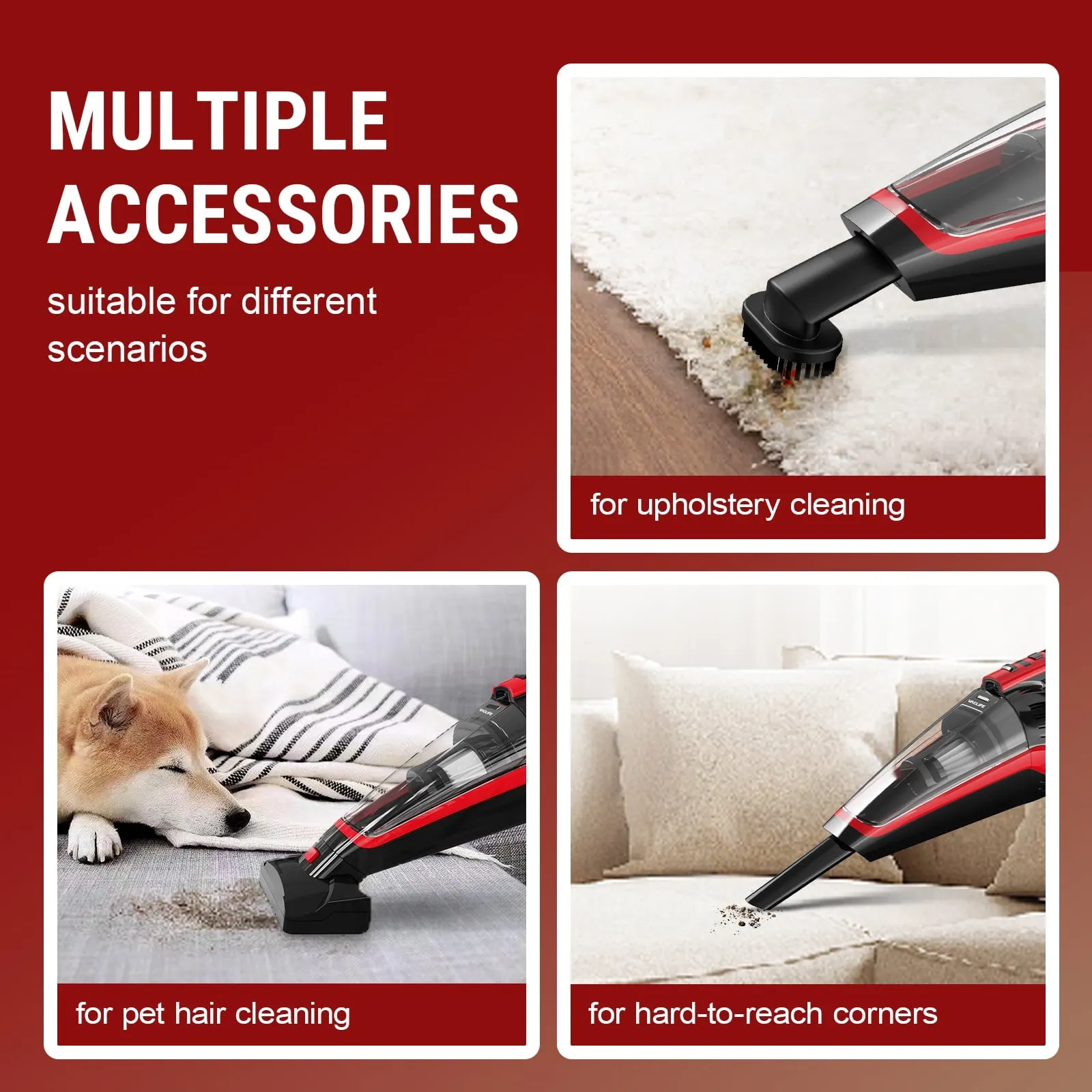 VacLife H-116 Cordless Handheld Vacuum, Car Vacuum Cleaner Rechargeable with Motorized Brush, Red